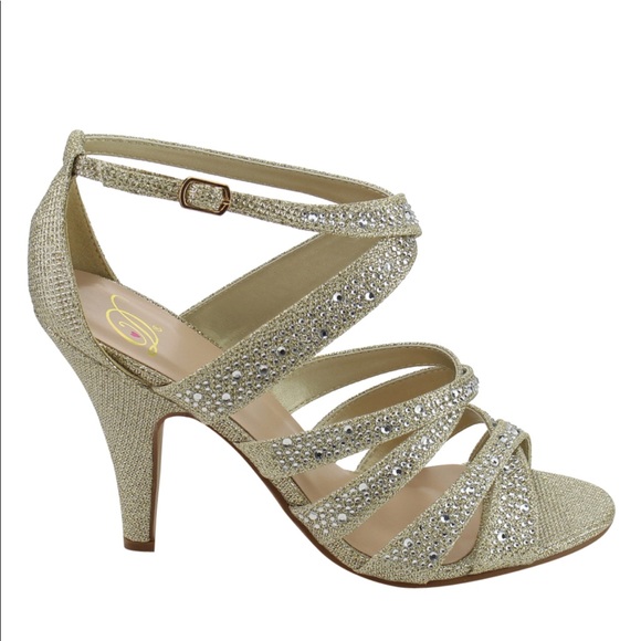 SALE Gold rhinestone dress sandal Heels Strap peep - Picture 3 of 4